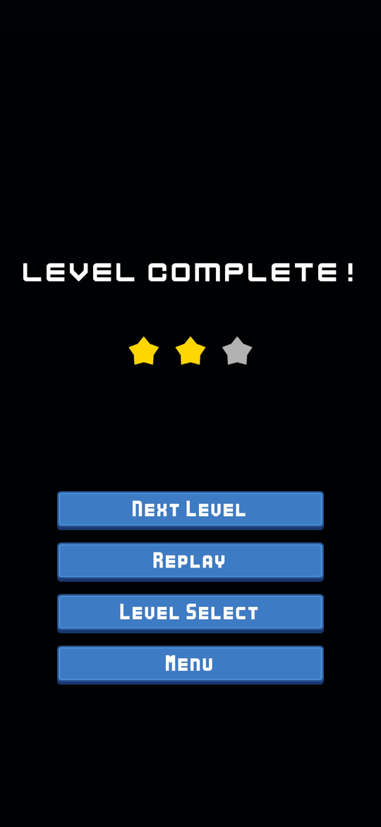 Level complete screen with two-star rating and options to continue or replay